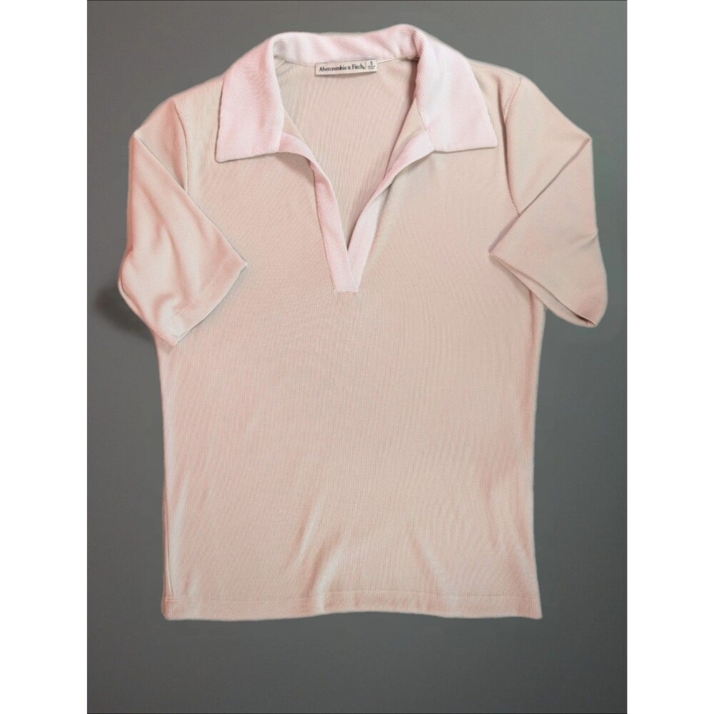 Women's Abercrombie & Fitch Johnny Collar Short Sleeve Shirt Beige Small